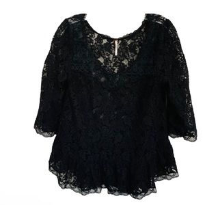 Free People Black Lace Peasant Tunic Top Medium Swing Bell Sleeve